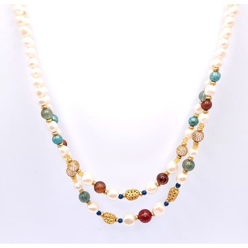 Liz Claiborne Double Strand Faux Pearl Necklace Gold Tone 18in - Picture 1 of 3
